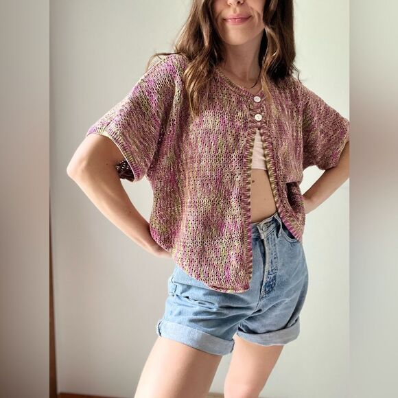 JH COLLECTIBLES Women’s Crochet Knit Cardigan Crop Top Pink Green Sweater 1X - Picture 10 of 13